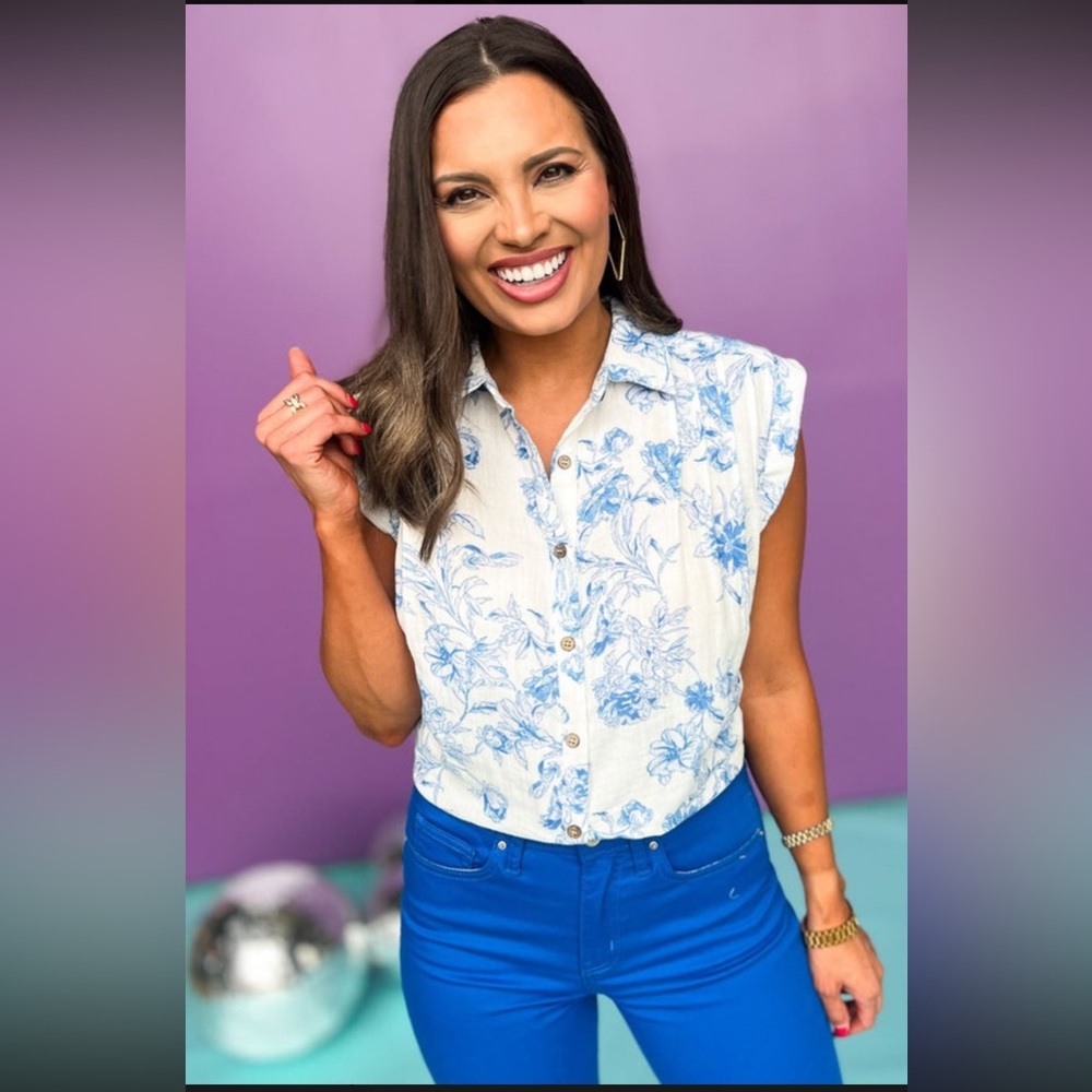 White with blue floral collared button down top